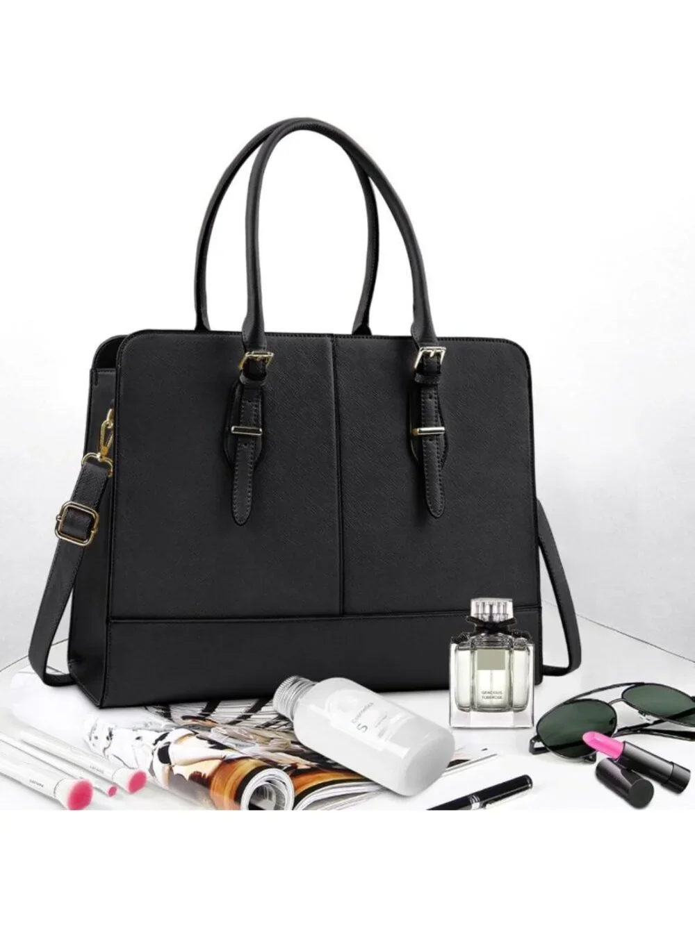 Stylish Leather Laptop Tote Bag for Women - Fits 15.6